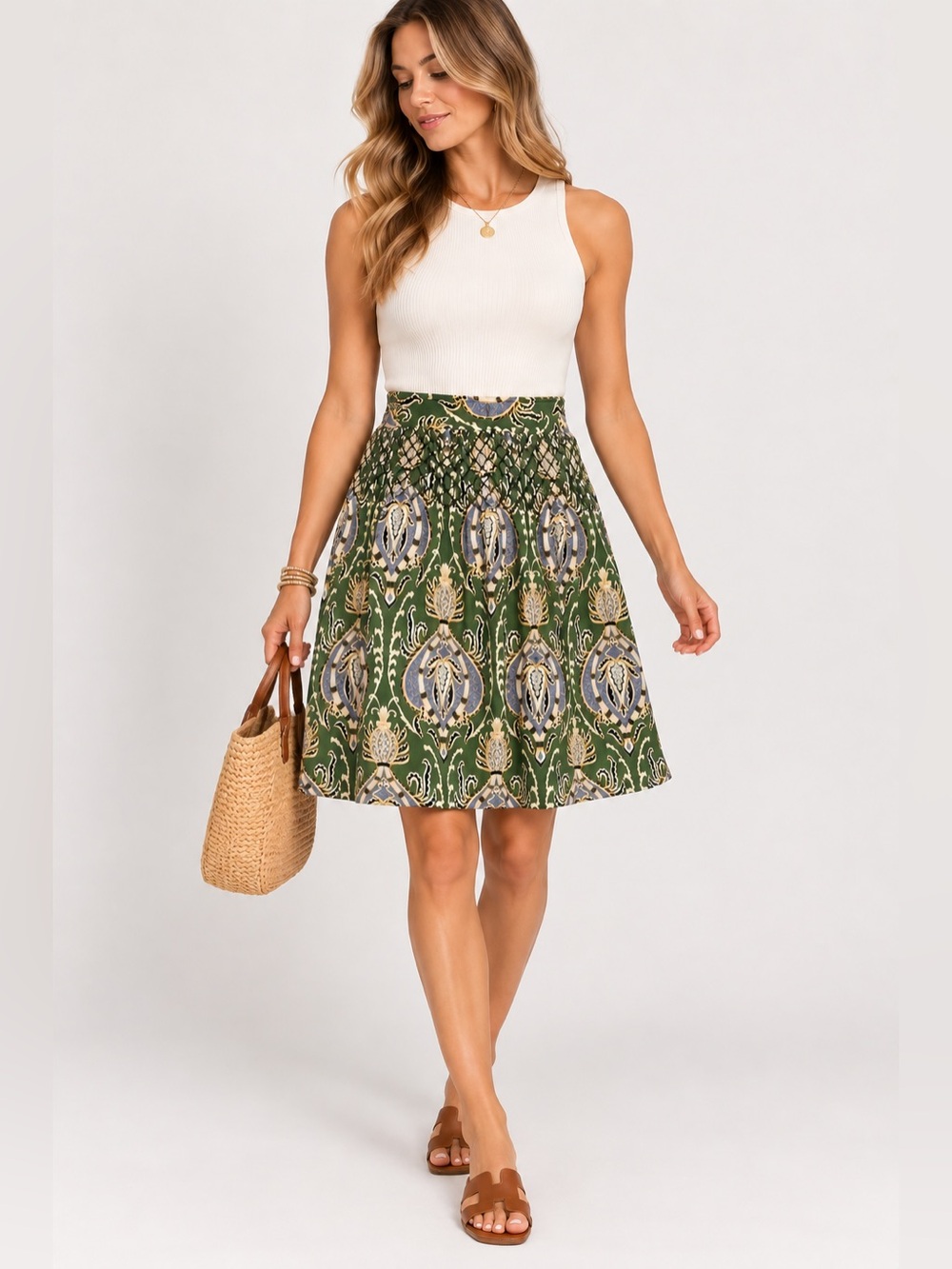Haley and Kate Paisley Smocked Midi Skirt Green Blue Boho Size 10